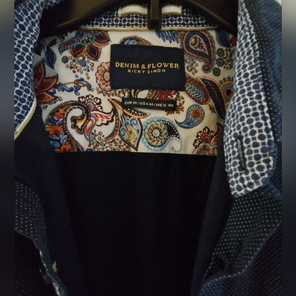 EUC Denim And Flower Dark Blue Short Sleeve Polka Dot Shirt Blouse - Picture 2 of 6